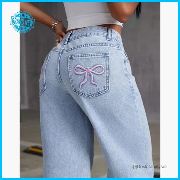 Y2K Low Rise Wide Leg Boyfriend Jeans Bow Embroidery Straight Leg Denim - Picture 5 of 7